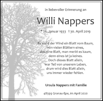 Anzeige von Willi Nappers von Westfälische Nachrichten