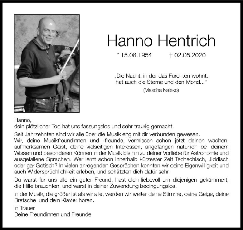  Traueranzeige für Hanno Hentrich vom 13.05.2020 aus Westfälische Nachrichten