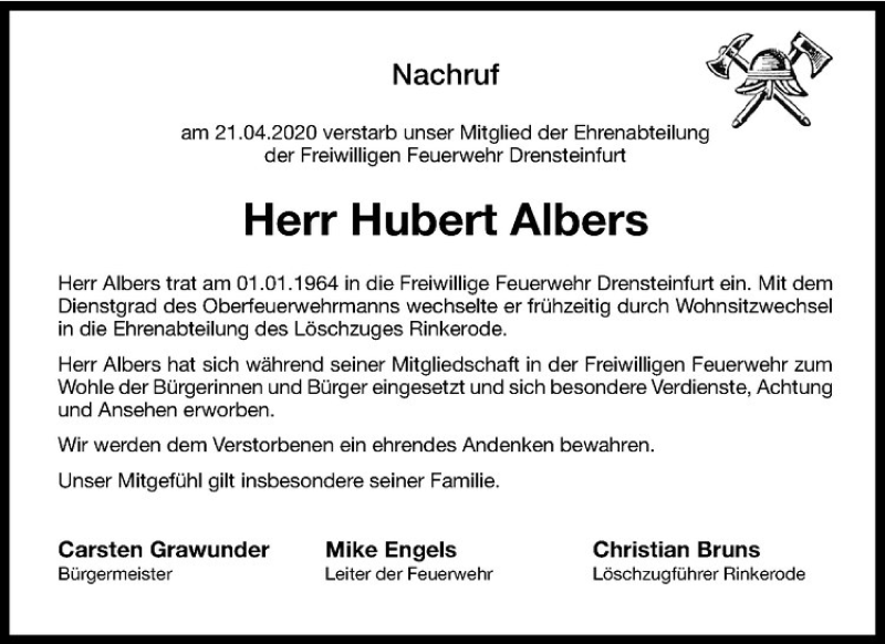  Traueranzeige für Hubert Albers vom 01.05.2020 aus Westfälische Nachrichten