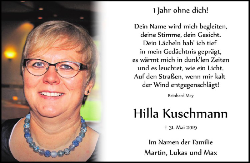  Traueranzeige für Hilla Kuschmann vom 30.05.2020 aus Westfälische Nachrichten