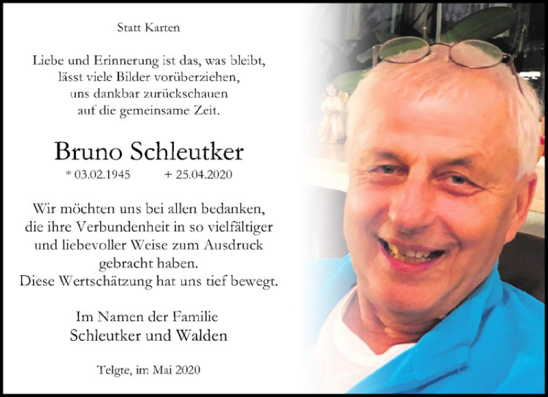  Traueranzeige für Bruno Schleutker vom 23.05.2020 aus Westfälische Nachrichten