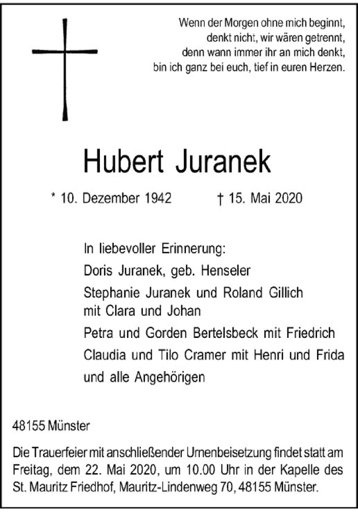  Traueranzeige für Hubert Juranek vom 20.05.2020 aus Westfälische Nachrichten