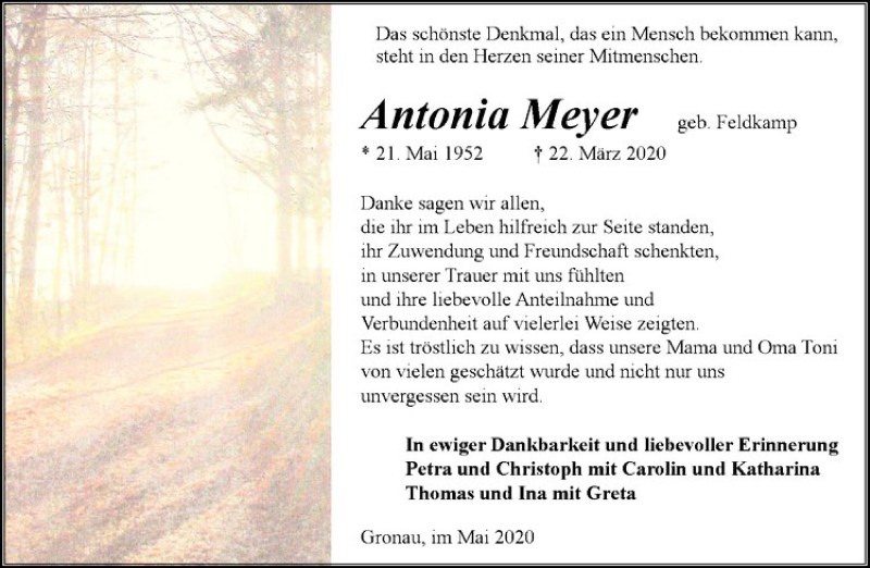  Traueranzeige für Antonia Meyer vom 09.05.2020 aus Westfälische Nachrichten