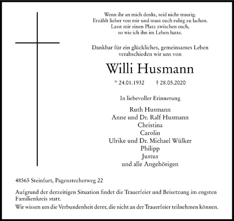  Traueranzeige für Willi Husmann vom 30.05.2020 aus Westfälische Nachrichten