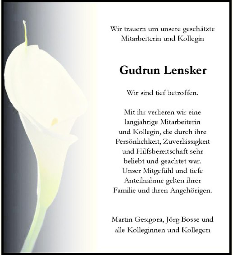  Traueranzeige für Gudrun Lensker vom 16.05.2020 aus Westfälische Nachrichten