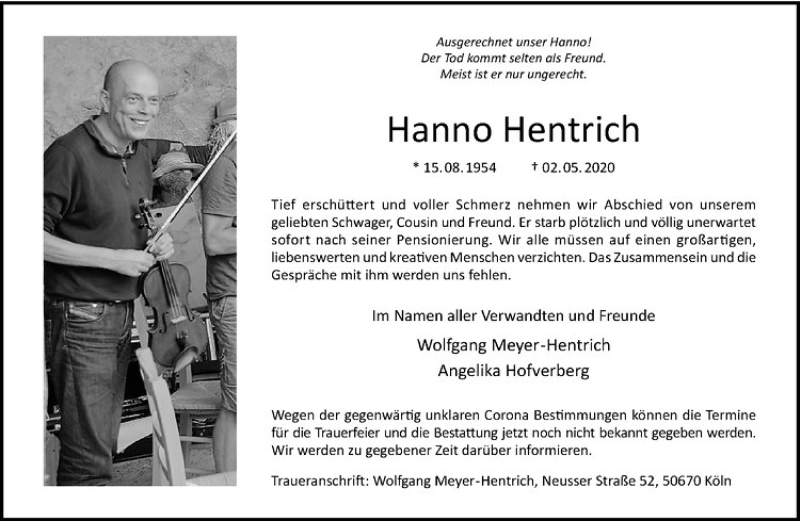  Traueranzeige für Hanno Hentrich vom 09.05.2020 aus Westfälische Nachrichten