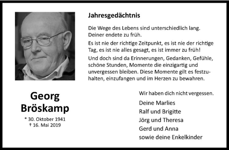  Traueranzeige für Georg Bröskamp vom 16.05.2020 aus Westfälische Nachrichten