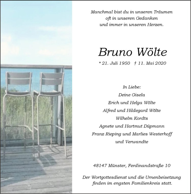  Traueranzeige für Bruno Wölte vom 19.05.2020 aus Westfälische Nachrichten