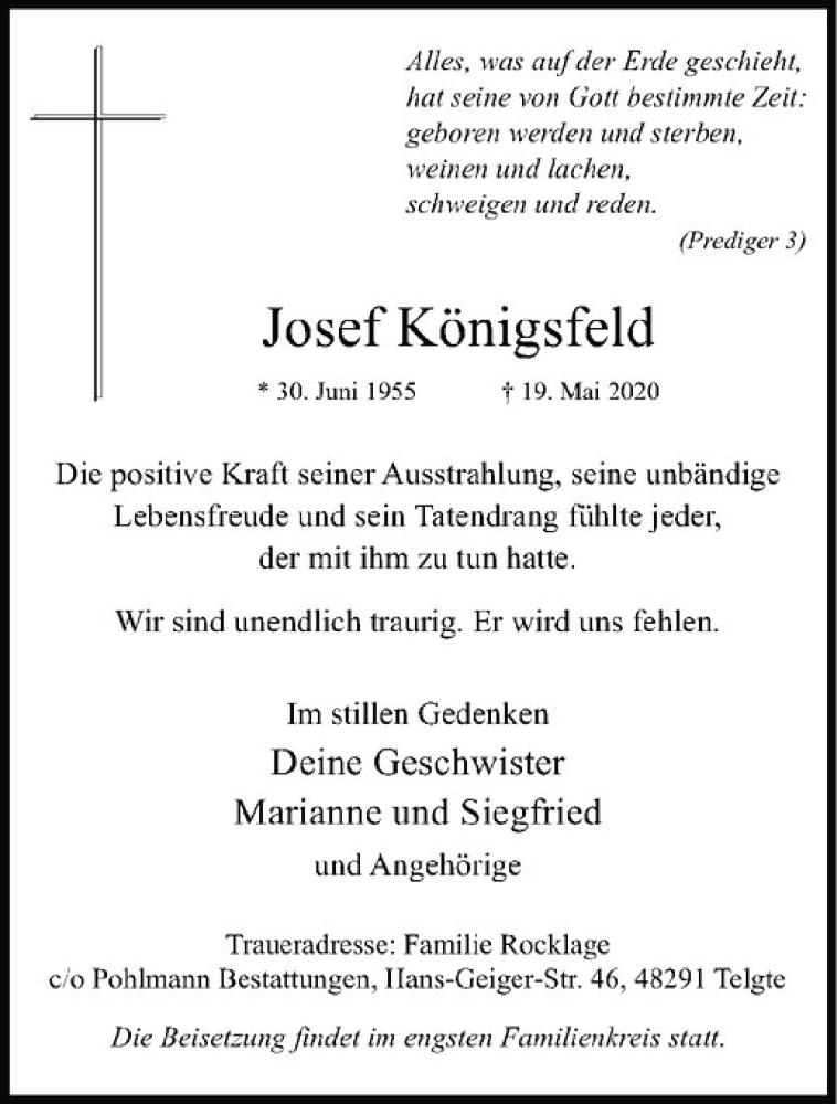  Traueranzeige für Josef Königsfeld vom 30.05.2020 aus Westfälische Nachrichten