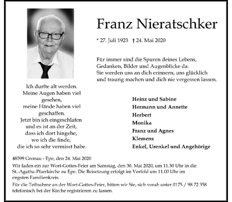  Traueranzeige für Franz Nieratschker vom 27.05.2020 aus Westfälische Nachrichten