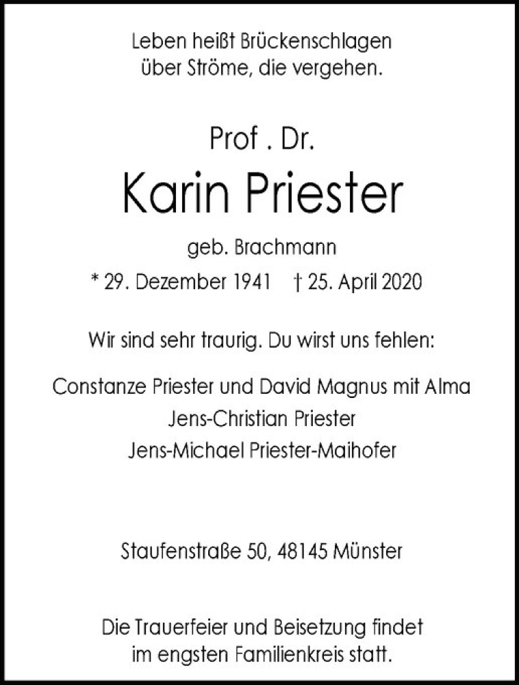  Traueranzeige für Karin Priester vom 01.05.2020 aus Westfälische Nachrichten