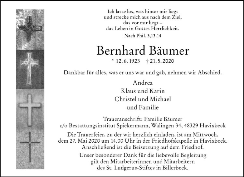  Traueranzeige für Bernhard Bäumer vom 26.05.2020 aus Westfälische Nachrichten