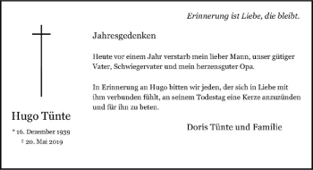 Anzeige von Hugo Tünte von Westfälische Nachrichten