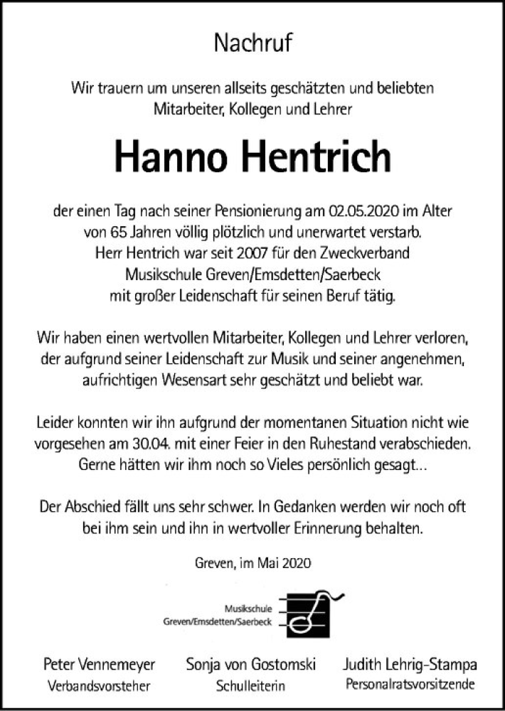  Traueranzeige für Hanno Hentrich vom 16.05.2020 aus Westfälische Nachrichten