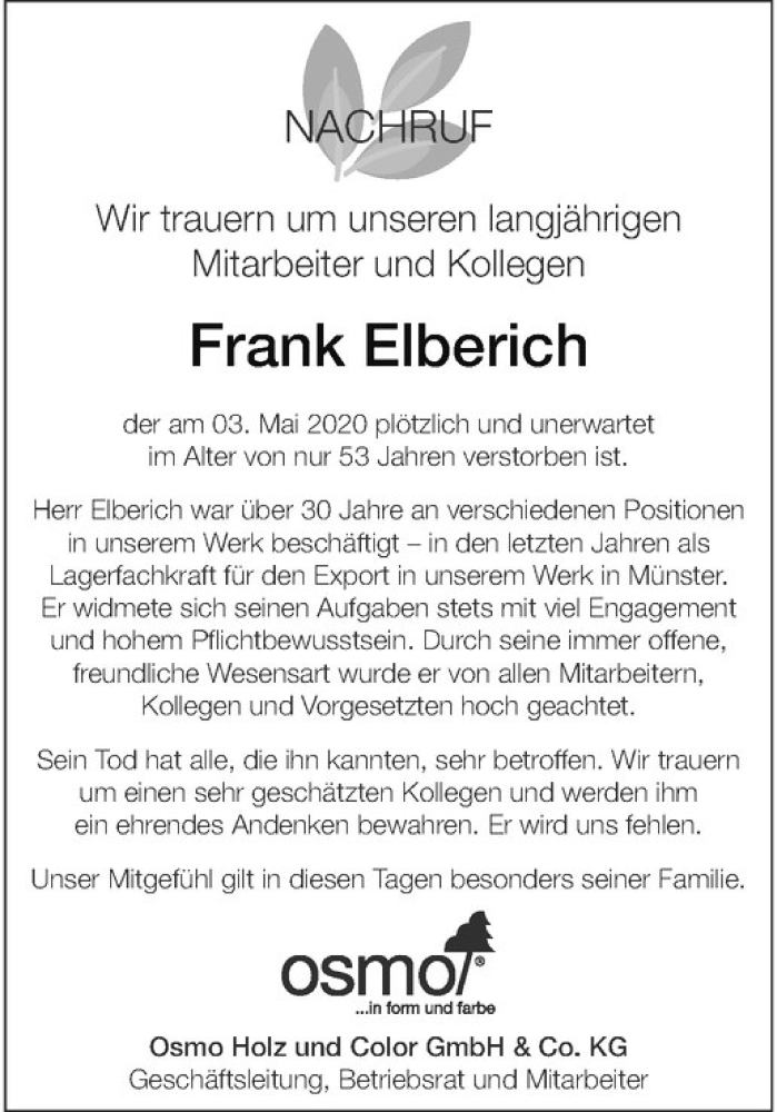  Traueranzeige für Frank Elberich vom 16.05.2020 aus Westfälische Nachrichten