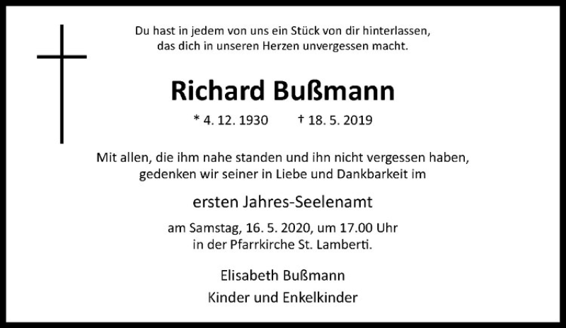  Traueranzeige für Richard Bußmann vom 14.05.2020 aus Westfälische Nachrichten