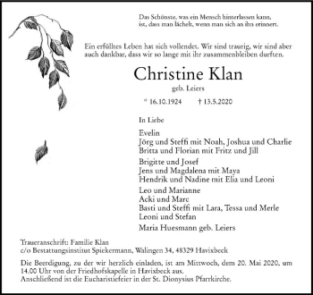 Anzeige von Christine Klan von Westfälische Nachrichten