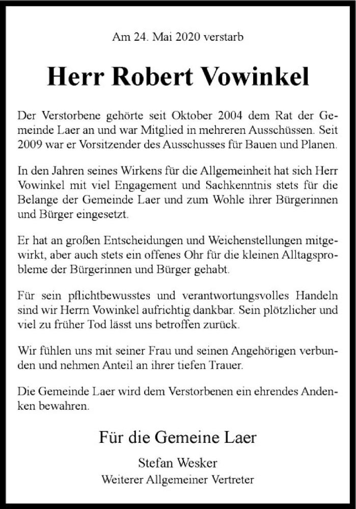  Traueranzeige für Robert Vowinkel vom 28.05.2020 aus Westfälische Nachrichten