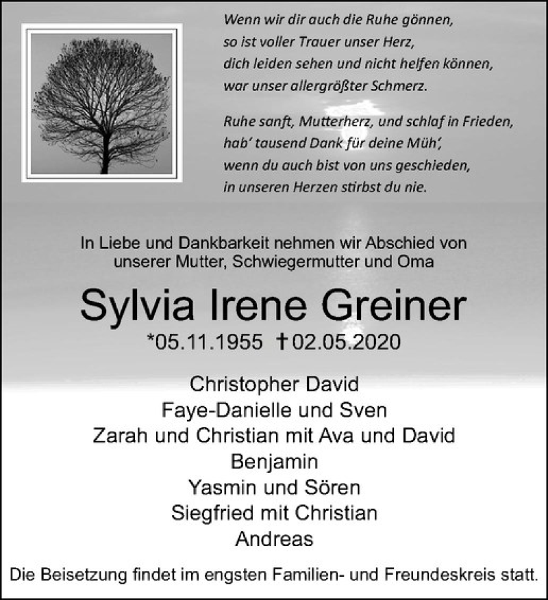  Traueranzeige für Sylvia Irene Greiner vom 27.05.2020 aus Westfälische Nachrichten