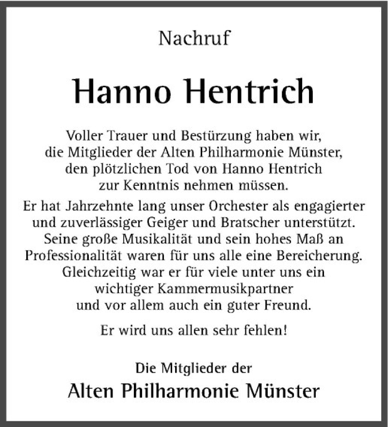  Traueranzeige für Hanno Hentrich vom 13.05.2020 aus Westfälische Nachrichten