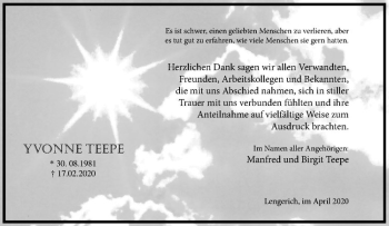 Anzeige von Yvonne Teepe von Westfälische Nachrichten