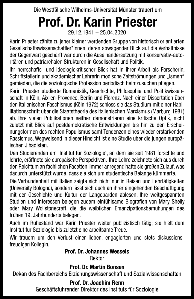  Traueranzeige für Karin Priester vom 11.05.2020 aus 
