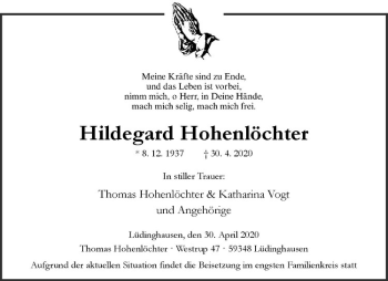 Anzeige von Hildegard Hohenlöchter von Westfälische Nachrichten