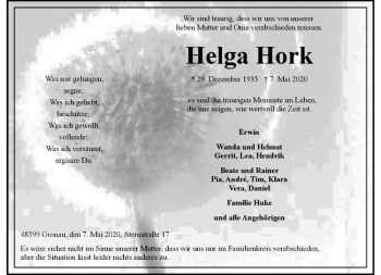 Anzeige von Helga Hork von Westfälische Nachrichten