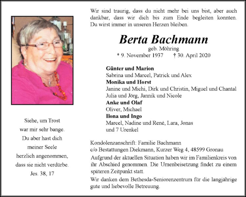  Traueranzeige für Berta Bachmann vom 06.05.2020 aus Westfälische Nachrichten