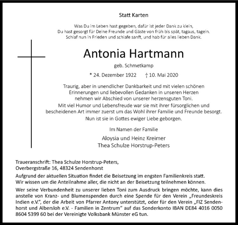  Traueranzeige für Antonia Hartmann vom 13.05.2020 aus Westfälische Nachrichten