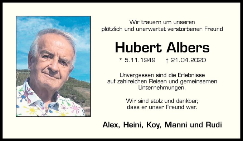  Traueranzeige für Hubert Albers vom 01.05.2020 aus Westfälische Nachrichten