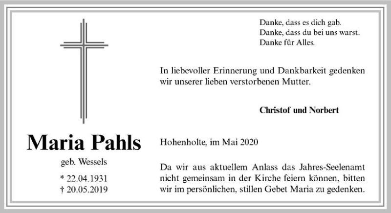  Traueranzeige für Maria Pahls vom 20.05.2020 aus Westfälische Nachrichten