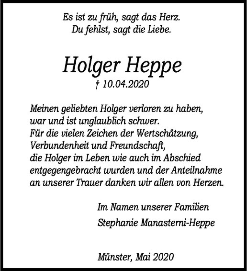  Traueranzeige für Holger Heppe vom 30.05.2020 aus Westfälische Nachrichten