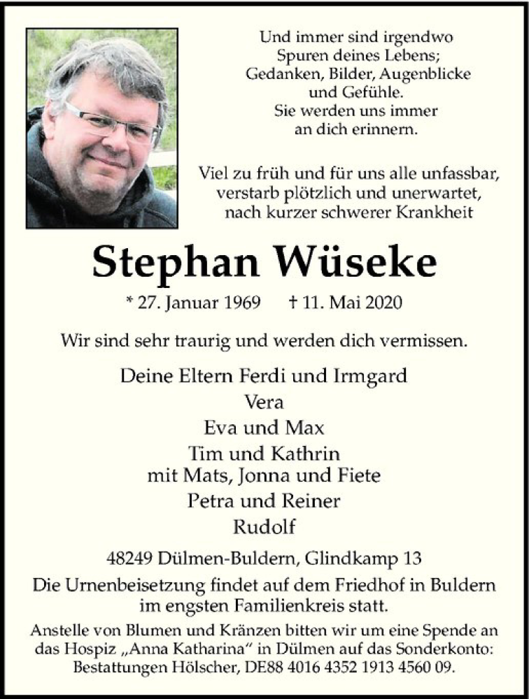  Traueranzeige für Stephan Wüseke vom 16.05.2020 aus Westfälische Nachrichten