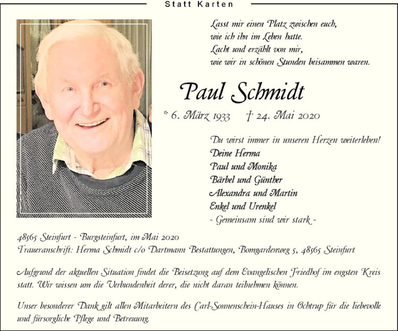  Traueranzeige für Paul Schmidt vom 27.05.2020 aus Westfälische Nachrichten