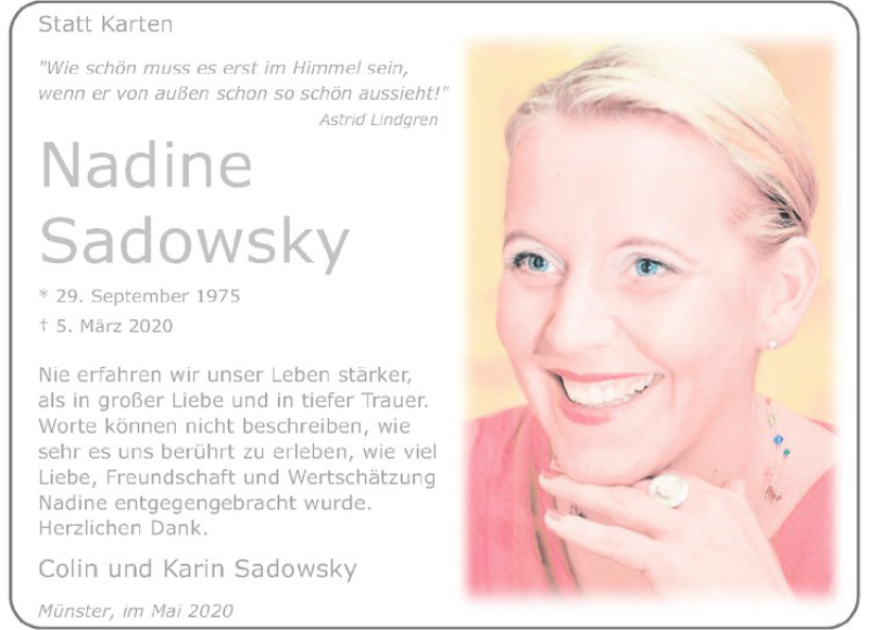  Traueranzeige für Nadine Sadowsky vom 09.05.2020 aus Westfälische Nachrichten