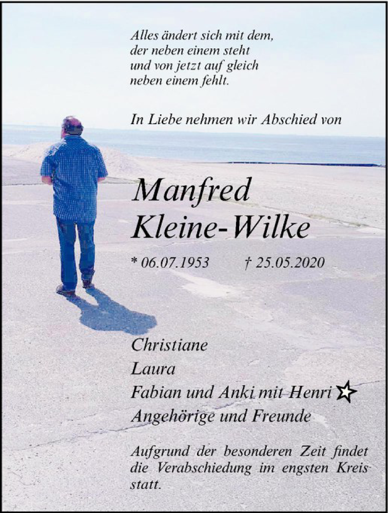 Traueranzeige für Manfred Kleine-Wilke vom 30.05.2020 aus Westfälische Nachrichten