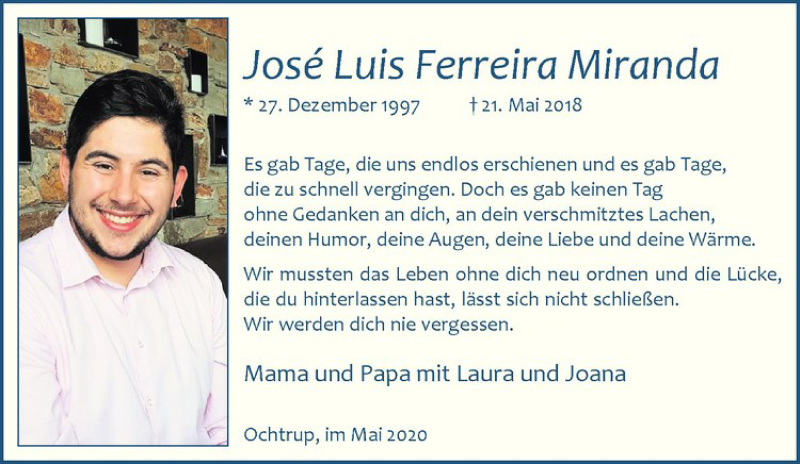  Traueranzeige für Jose Luis Ferreira Miranda vom 21.05.2020 aus Westfälische Nachrichten