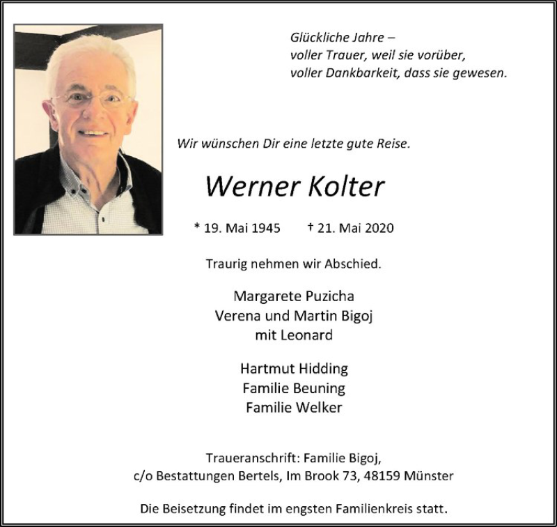  Traueranzeige für Werner Kolter vom 27.05.2020 aus Westfälische Nachrichten