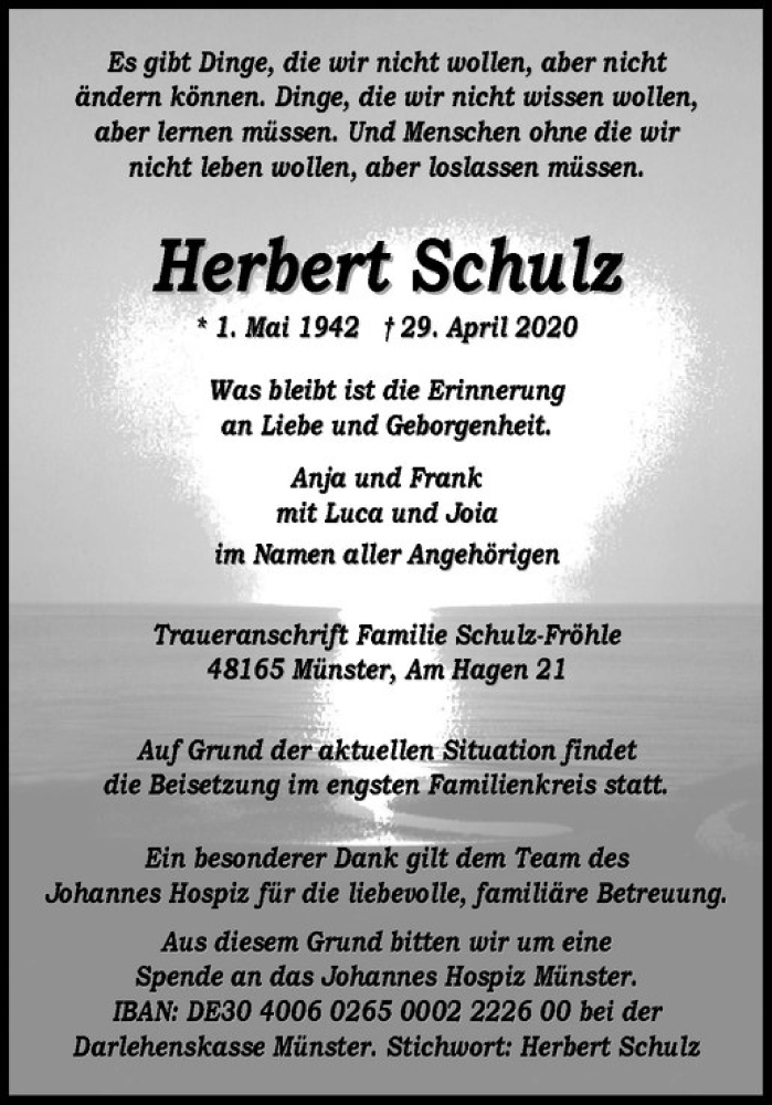  Traueranzeige für Herbert Schulz vom 01.05.2020 aus Westfälische Nachrichten