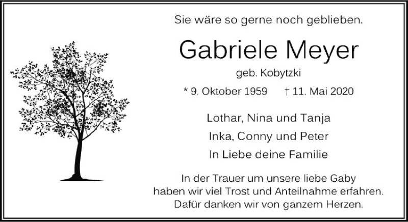  Traueranzeige für Gabriele Meyer vom 27.05.2020 aus Westfälische Nachrichten