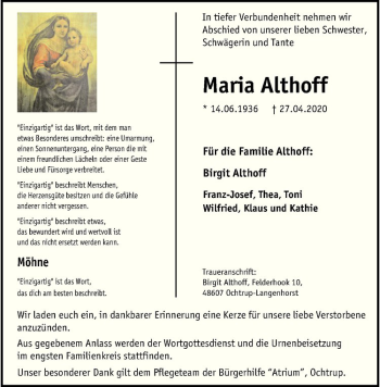 Anzeige von Maria Althoff von Westfälische Nachrichten