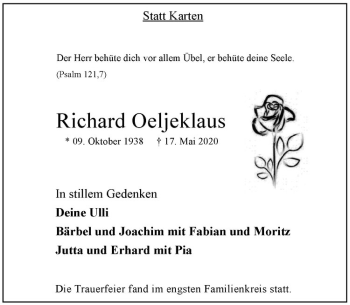 Anzeige von Oeljeklaus Richard von Westfälische Nachrichten