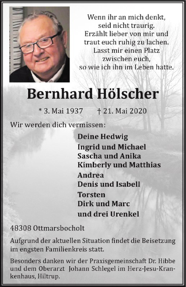  Traueranzeige für Bernhard Hölscher vom 27.05.2020 aus Westfälische Nachrichten