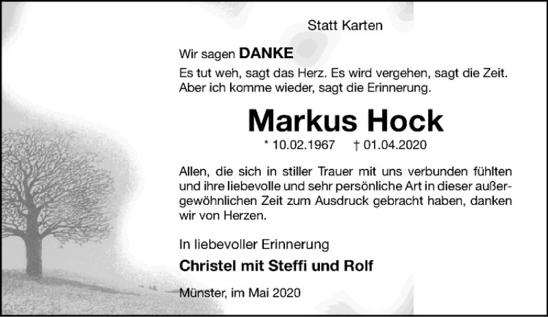  Traueranzeige für Markus Hock vom 16.05.2020 aus Westfälische Nachrichten