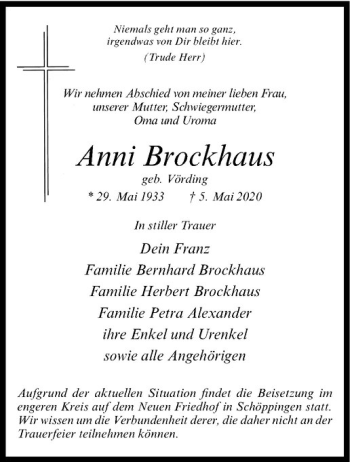 Anzeige von Anni Brockhaus von Westfälische Nachrichten