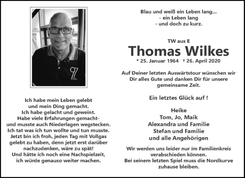  Traueranzeige für Thomas Wilkes vom 01.05.2020 aus Westfälische Nachrichten