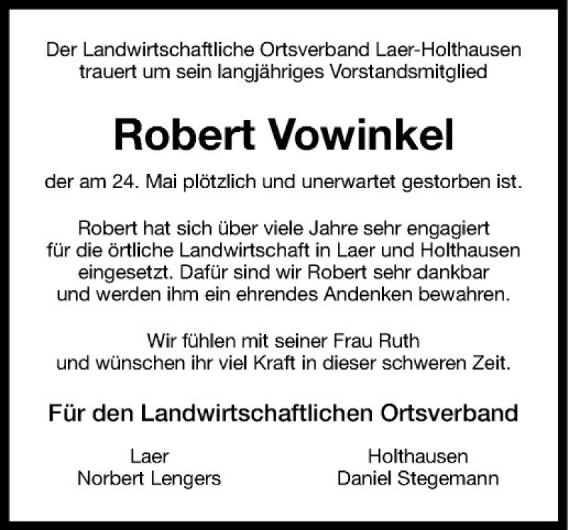  Traueranzeige für Robert Vowinkel vom 29.05.2020 aus Westfälische Nachrichten