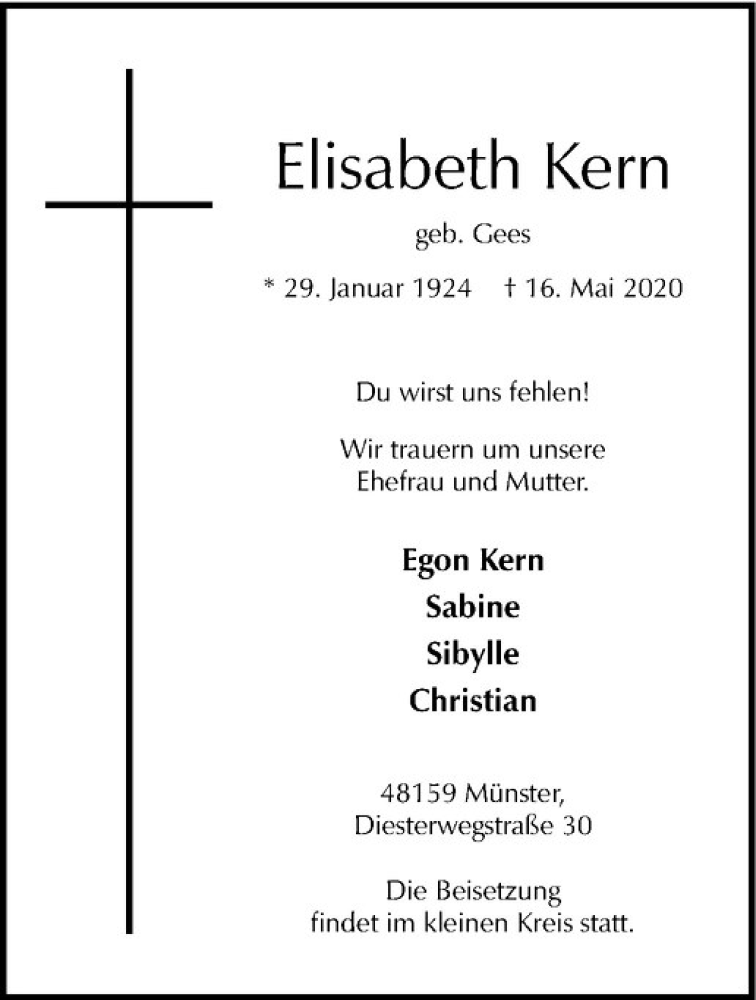  Traueranzeige für Elisabeth Kern vom 27.05.2020 aus Westfälische Nachrichten