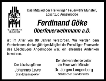 Anzeige von Ferdinand Göke von Westfälische Nachrichten
